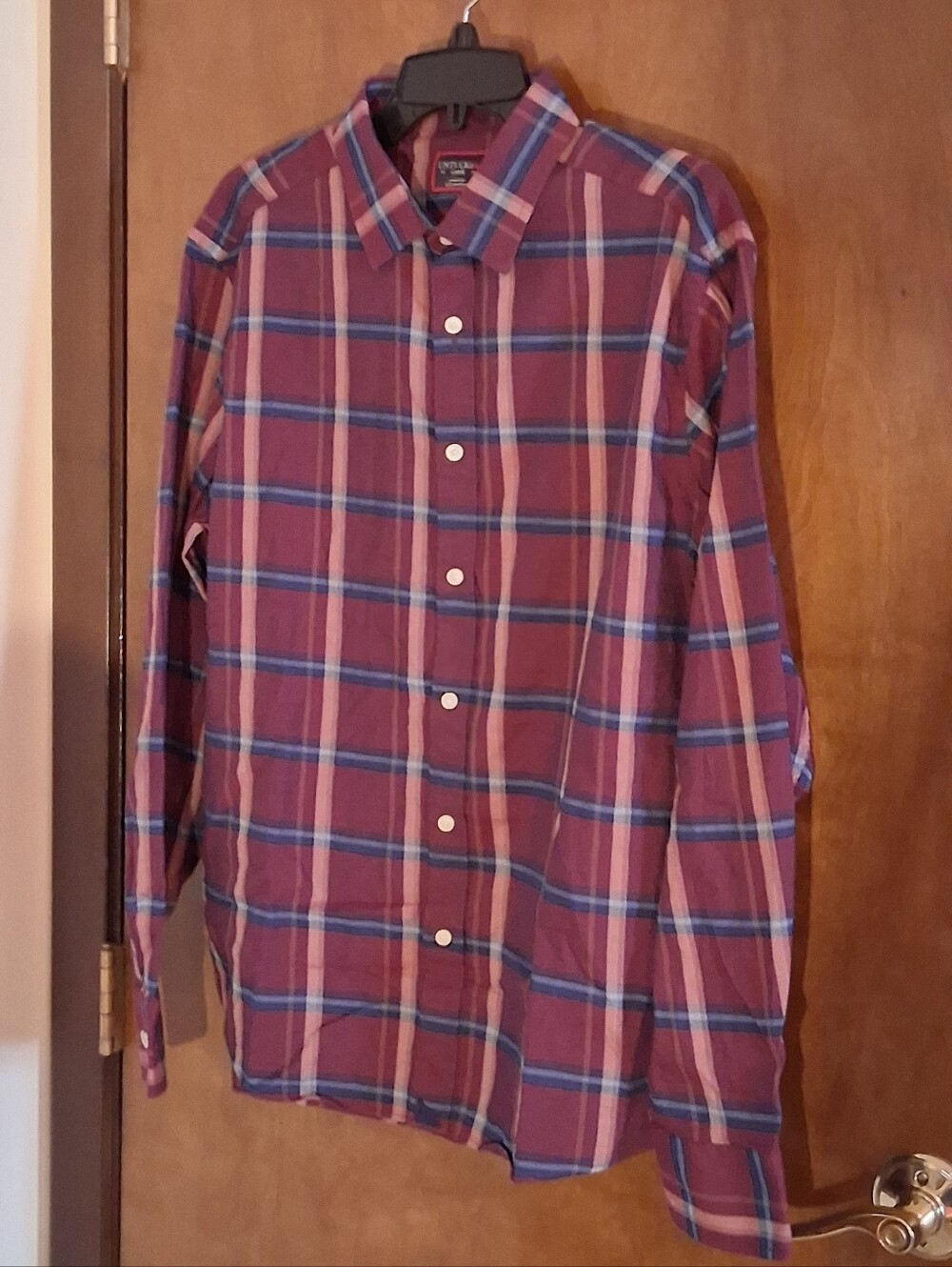 UNTUCKit Men’s Large Red Blue Plaid Long Sleeve Button Down Cotton Shirt